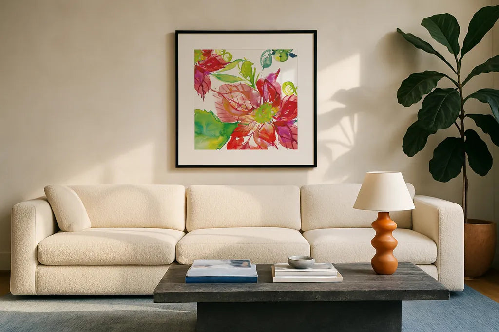 Poinsettia Pretty III by Kristy Rice. Displayed in a glass frame with matte in a clean modern living room. Available as an archival giclee rolled canvas, fine art paper, or poster print. SKU 41892a.