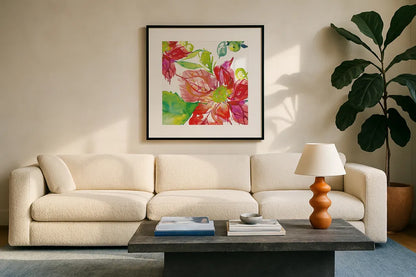 Poinsettia Pretty III by Kristy Rice. Displayed in a glass frame with matte in a clean modern living room. Available as an archival giclee rolled canvas, fine art paper, or poster print. SKU 41892a.
