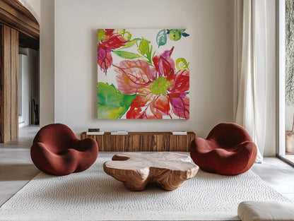 Poinsettia Pretty III by Kristy Rice. Shown as extra-large giant wall art in a modern living room. Available as an archival giclee rolled canvas, fine art paper, or poster print. SKU 41892a.