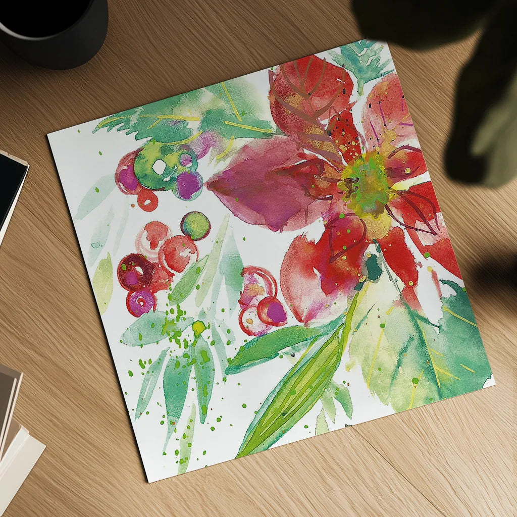 Poinsettia Pretty IV by Kristy Rice. Shown as a detailed flat fine art print, highlighting archival giclee quality. Available as an archival giclee rolled canvas, fine art paper, or poster print. SKU 41893a.