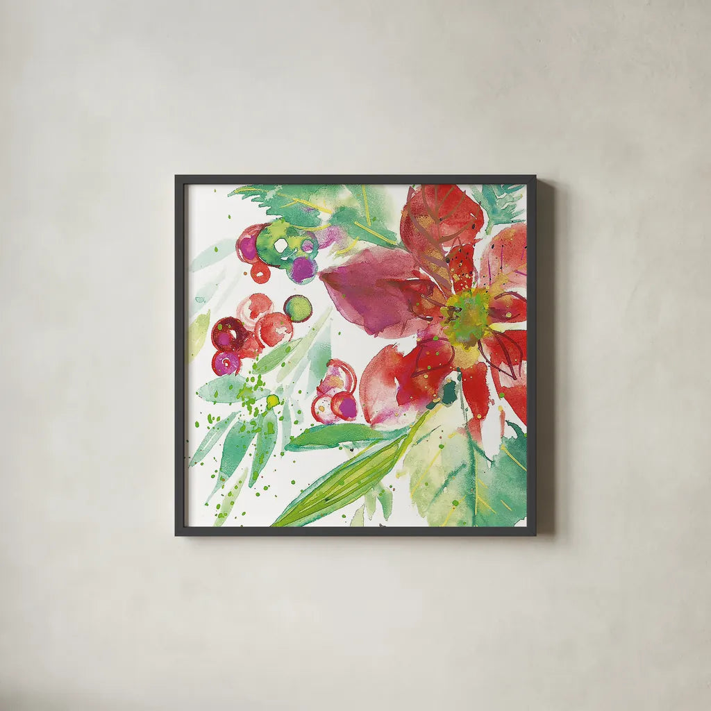 Poinsettia Pretty IV by Kristy Rice. Shown in a sleek black glass frame for a contemporary gallery look. Available as an archival giclee rolled canvas, fine art paper, or poster print. SKU 41893a.