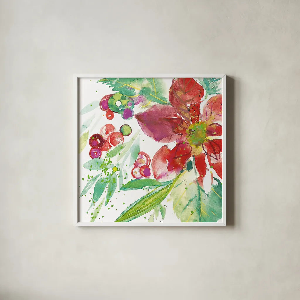 Poinsettia Pretty IV by Kristy Rice. Shown in a crisp white glass frame for a clean and minimalist style. Available as an archival giclee rolled canvas, fine art paper, or poster print. SKU 41893a.