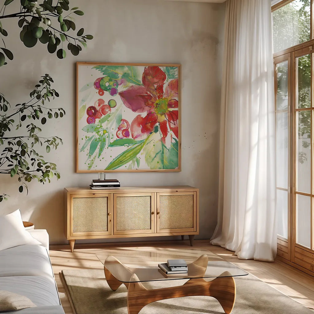 Poinsettia Pretty IV by Kristy Rice. Shown in a natural wood frame in a cozy modern living room. Available as an archival giclee rolled canvas, fine art paper, or poster print. SKU 41893a.