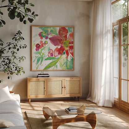 Poinsettia Pretty IV by Kristy Rice. Shown in a natural wood frame in a cozy modern living room. Available as an archival giclee rolled canvas, fine art paper, or poster print. SKU 41893a.