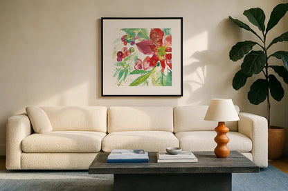 Poinsettia Pretty IV by Kristy Rice. Displayed in a glass frame with matte in a clean modern living room. Available as an archival giclee rolled canvas, fine art paper, or poster print. SKU 41893a.