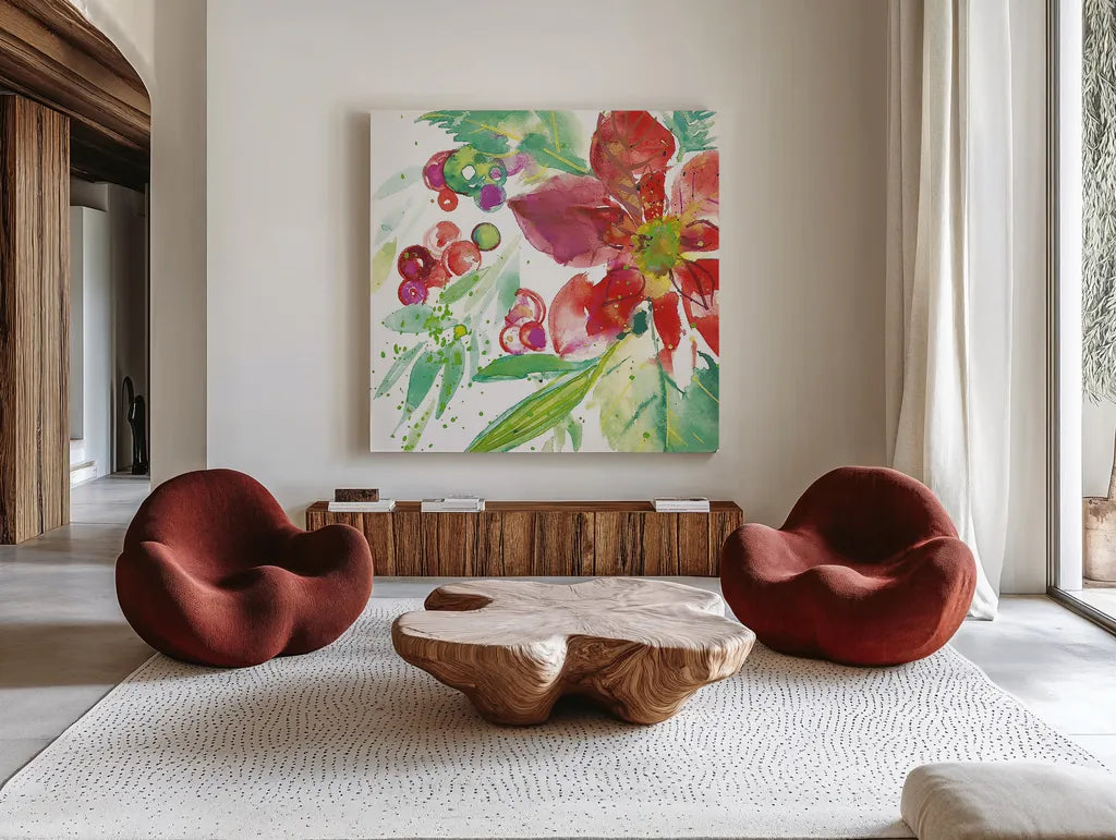 Poinsettia Pretty IV by Kristy Rice. Shown as extra-large giant wall art in a modern living room. Available as an archival giclee rolled canvas, fine art paper, or poster print. SKU 41893a.