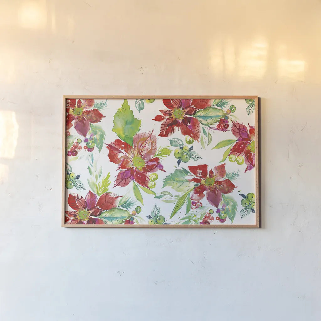 Poinsettia Pretty V by Kristy Rice. shown as a paper print in a natural frame. Available as a archival giclee rolled canvas, fine art paper, or poster print. SKU 41894i.