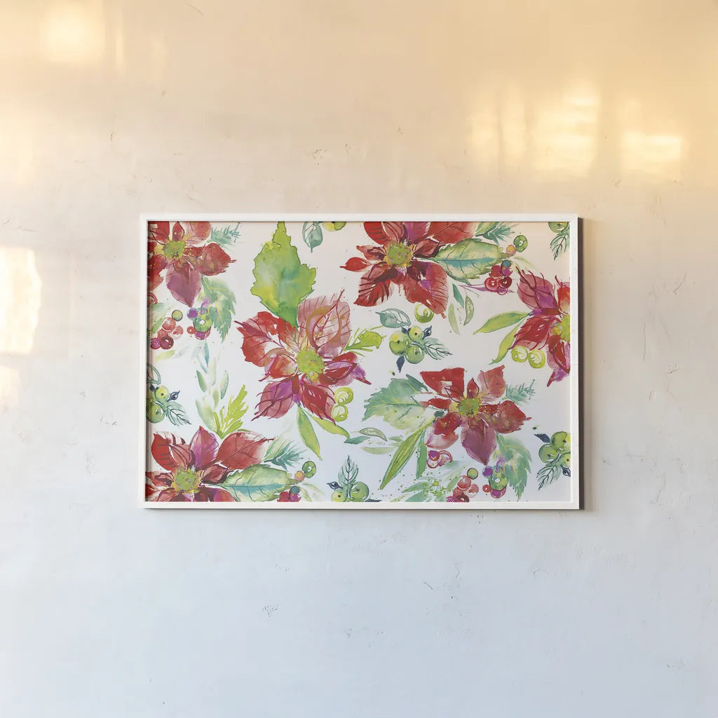 Poinsettia Pretty V by Kristy Rice. shown as a paper print in a white frame. Available as a archival giclee rolled canvas, fine art paper, or poster print. SKU 41894i.