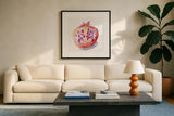 Pomegranate by Kristy Rice. Displayed in a glass frame with matte in a clean modern living room. Available as an archival giclee rolled canvas, fine art paper, or poster print. SKU 102784a.