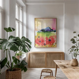 Poppy Vista by Kristy Rice. shown as a print in a natural wood frame in a dining room. Available as a archival giclee rolled canvas, fine art paper, or poster print. SKU 102757h.