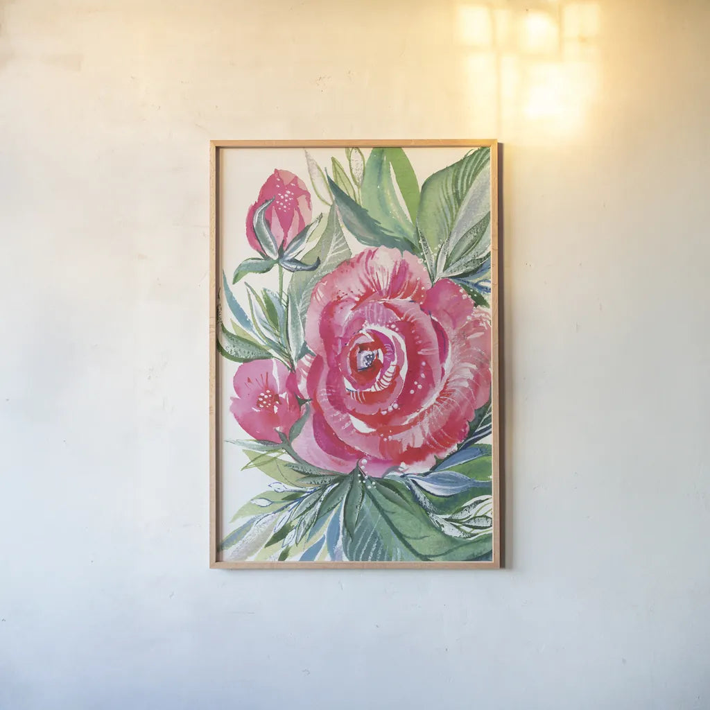 Red Beauty by Kristy Rice. shown as a paper print in a natural frame. Available as a archival giclee rolled canvas, fine art paper, or poster print. SKU 90309h.