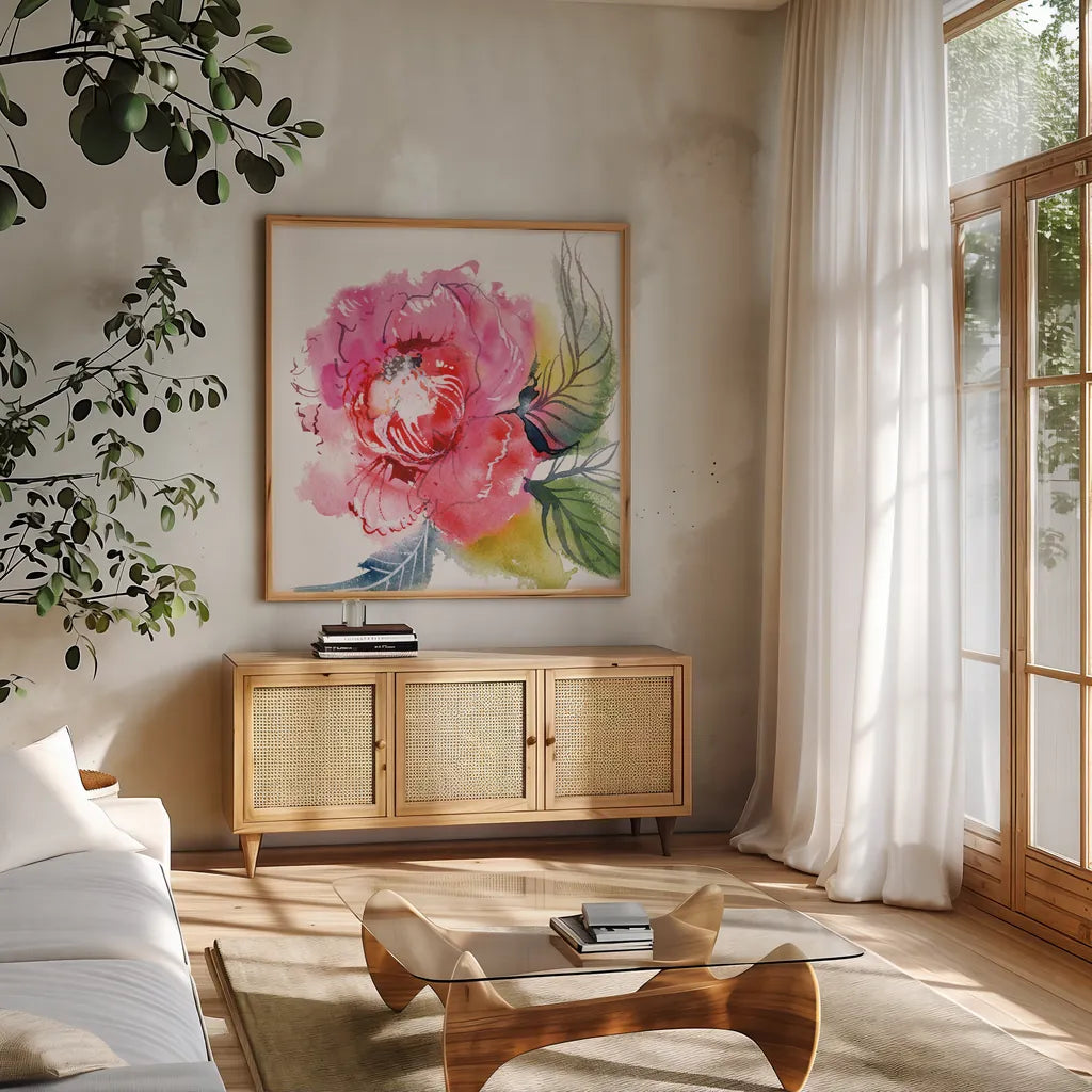 Regal by Kristy Rice. Shown in a natural wood frame in a cozy modern living room. Available as an archival giclee rolled canvas, fine art paper, or poster print. SKU 101996a.