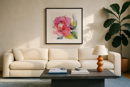 Regal by Kristy Rice. Displayed in a glass frame with matte in a clean modern living room. Available as an archival giclee rolled canvas, fine art paper, or poster print. SKU 101996a.
