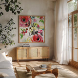 Scarlett O Christmas I by Kristy Rice. Shown in a natural wood frame in a cozy modern living room. Available as an archival giclee rolled canvas, fine art paper, or poster print. SKU 41903a.