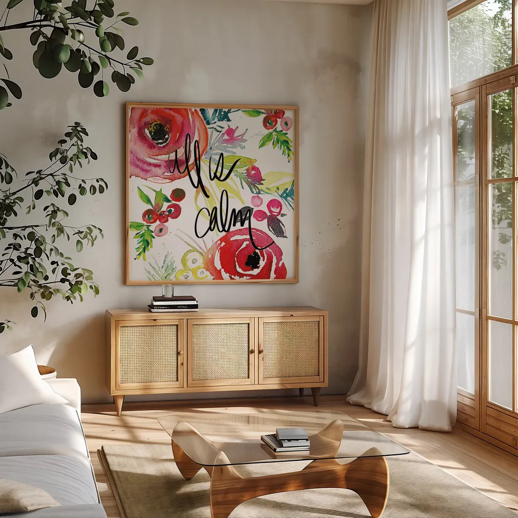 Scarlett O Christmas I by Kristy Rice. Shown in a natural wood frame in a cozy modern living room. Available as an archival giclee rolled canvas, fine art paper, or poster print. SKU 41903a.