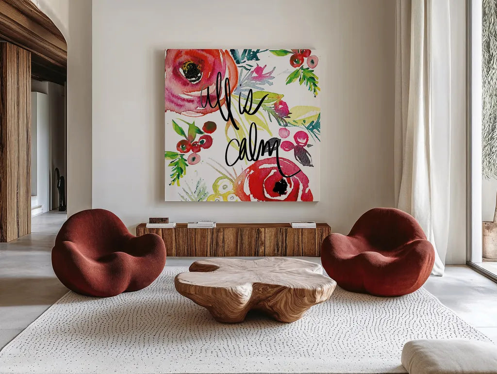 Scarlett O Christmas I by Kristy Rice. Shown as extra-large giant wall art in a modern living room. Available as an archival giclee rolled canvas, fine art paper, or poster print. SKU 41903a.