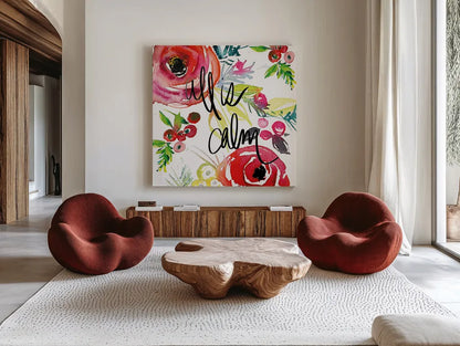 Scarlett O Christmas I by Kristy Rice. Shown as extra-large giant wall art in a modern living room. Available as an archival giclee rolled canvas, fine art paper, or poster print. SKU 41903a.
