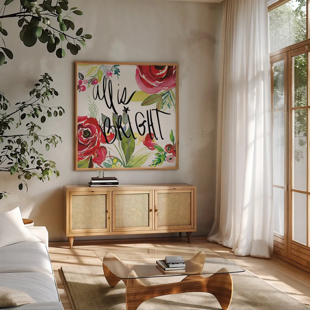 Scarlett O Christmas II by Kristy Rice. Shown in a natural wood frame in a cozy modern living room. Available as an archival giclee rolled canvas, fine art paper, or poster print. SKU 41904a.