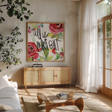 Scarlett O Christmas II by Kristy Rice. Shown in a natural wood frame in a cozy modern living room. Available as an archival giclee rolled canvas, fine art paper, or poster print. SKU 41904a.
