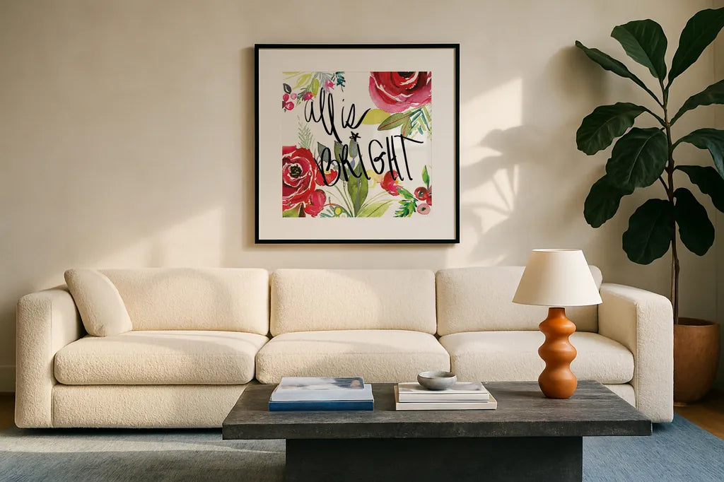 Scarlett O Christmas II by Kristy Rice. Displayed in a glass frame with matte in a clean modern living room. Available as an archival giclee rolled canvas, fine art paper, or poster print. SKU 41904a.