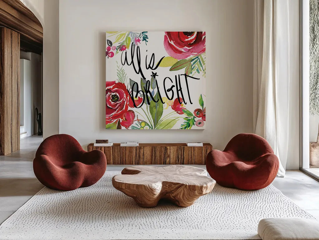 Scarlett O Christmas II by Kristy Rice. Shown as extra-large giant wall art in a modern living room. Available as an archival giclee rolled canvas, fine art paper, or poster print. SKU 41904a.