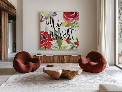 Scarlett O Christmas II by Kristy Rice. Shown as extra-large giant wall art in a modern living room. Available as an archival giclee rolled canvas, fine art paper, or poster print. SKU 41904a.