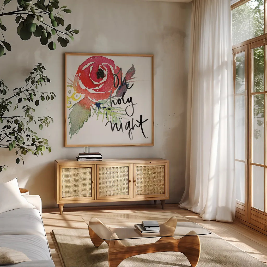 Scarlett O Christmas III by Kristy Rice. Shown in a natural wood frame in a cozy modern living room. Available as an archival giclee rolled canvas, fine art paper, or poster print. SKU 41905a.