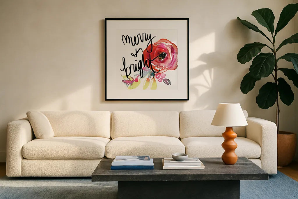 Scarlett O Christmas IV by Kristy Rice. Displayed in a glass frame with matte in a clean modern living room. Available as an archival giclee rolled canvas, fine art paper, or poster print. SKU 41906a.