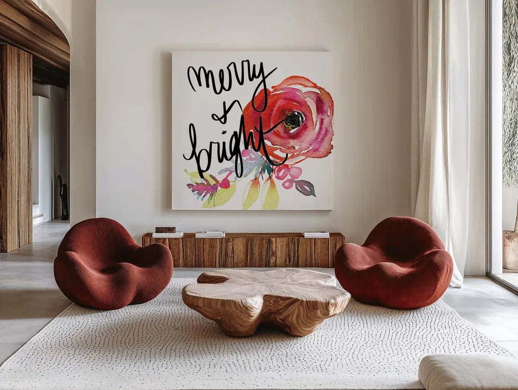 Scarlett O Christmas IV by Kristy Rice. Shown as extra-large giant wall art in a modern living room. Available as an archival giclee rolled canvas, fine art paper, or poster print. SKU 41906a.