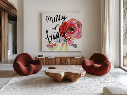 Scarlett O Christmas IV by Kristy Rice. Shown as extra-large giant wall art in a modern living room. Available as an archival giclee rolled canvas, fine art paper, or poster print. SKU 41906a.