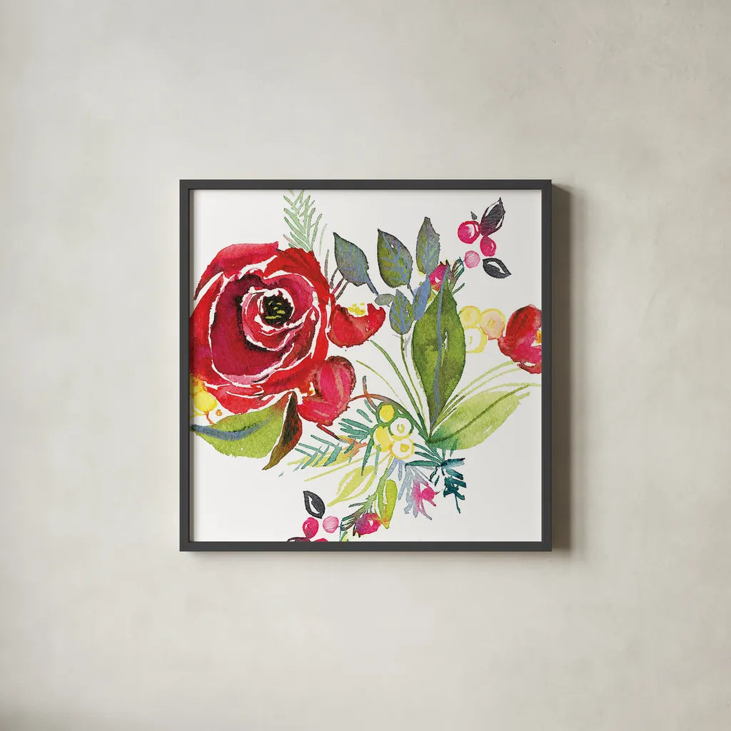 Scarlett O Christmas V by Kristy Rice. Shown in a sleek black glass frame for a contemporary gallery look. Available as an archival giclee rolled canvas, fine art paper, or poster print. SKU 41907a.