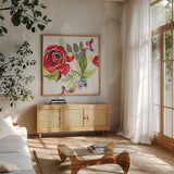 Scarlett O Christmas V by Kristy Rice. Shown in a natural wood frame in a cozy modern living room. Available as an archival giclee rolled canvas, fine art paper, or poster print. SKU 41907a.