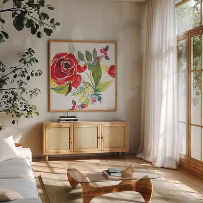 Scarlett O Christmas V by Kristy Rice. Shown in a natural wood frame in a cozy modern living room. Available as an archival giclee rolled canvas, fine art paper, or poster print. SKU 41907a.