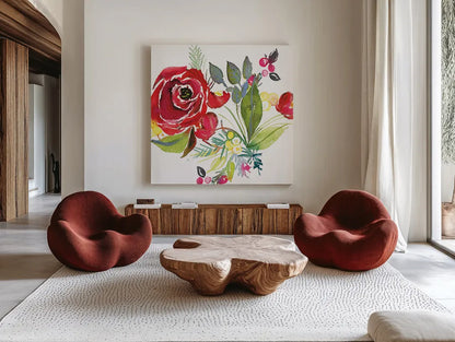 Scarlett O Christmas V by Kristy Rice. Shown as extra-large giant wall art in a modern living room. Available as an archival giclee rolled canvas, fine art paper, or poster print. SKU 41907a.