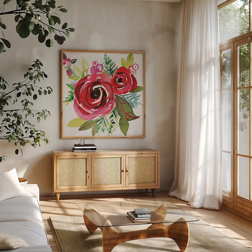 Scarlett O Christmas VI by Kristy Rice. Shown in a natural wood frame in a cozy modern living room. Available as an archival giclee rolled canvas, fine art paper, or poster print. SKU 41908a.