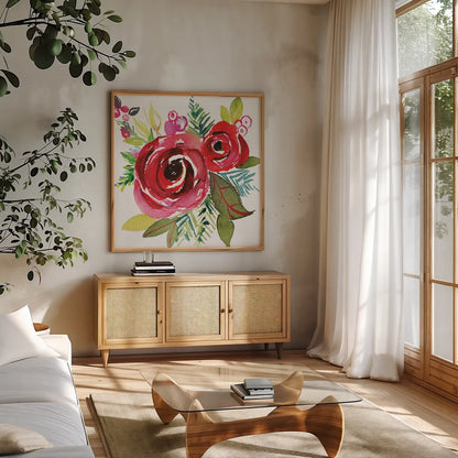 Scarlett O Christmas VI by Kristy Rice. Shown in a natural wood frame in a cozy modern living room. Available as an archival giclee rolled canvas, fine art paper, or poster print. SKU 41908a.