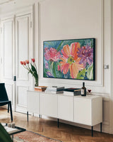 Secret Bloom by Kristy Rice. shown as a framed stretched canvas in a living room above a console. Available as a archival giclee rolled canvas, fine art paper, or poster print. SKU 101968i.