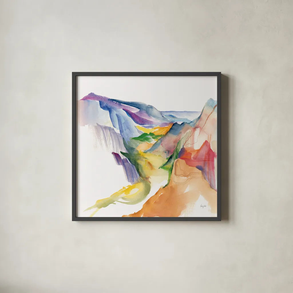 Secret Valley by Kristy Rice. Shown in a sleek black glass frame for a contemporary gallery look. Available as an archival giclee rolled canvas, fine art paper, or poster print. SKU 102005a.