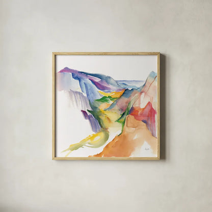 Secret Valley by Kristy Rice. Shown in a natural wood glass frame for a timeless modern aesthetic. Available as an archival giclee rolled canvas, fine art paper, or poster print. SKU 102005a.