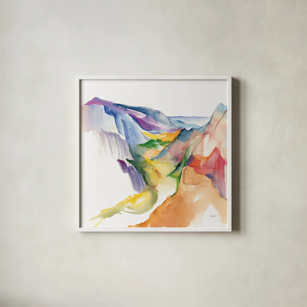 Secret Valley by Kristy Rice. Shown in a crisp white glass frame for a clean and minimalist style. Available as an archival giclee rolled canvas, fine art paper, or poster print. SKU 102005a.