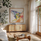 Secret Valley by Kristy Rice. Shown in a natural wood frame in a cozy modern living room. Available as an archival giclee rolled canvas, fine art paper, or poster print. SKU 102005a.