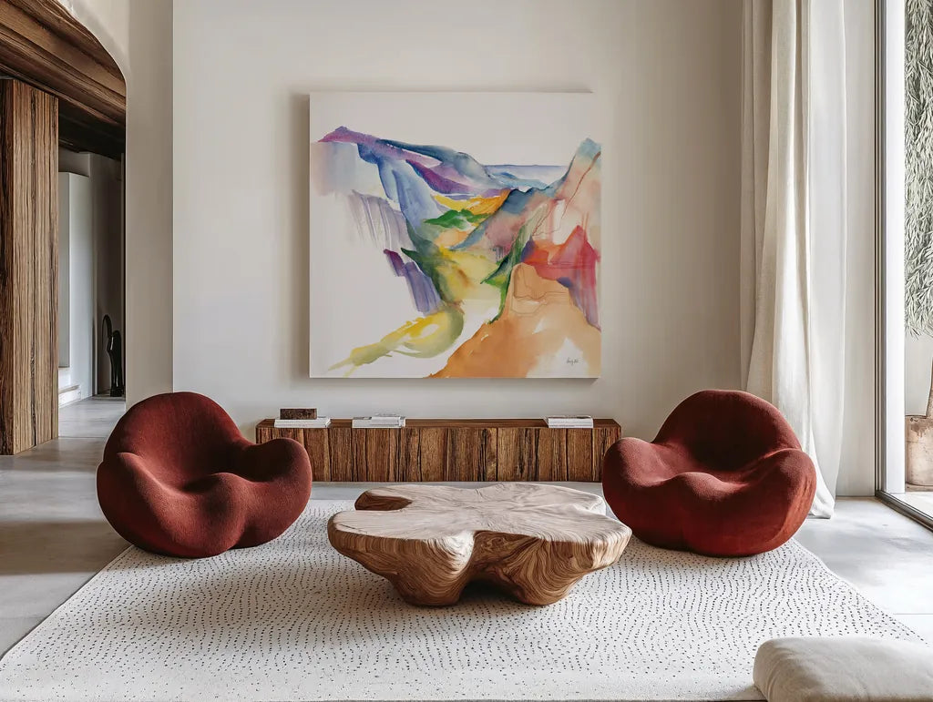 Secret Valley by Kristy Rice. Shown as extra-large giant wall art in a modern living room. Available as an archival giclee rolled canvas, fine art paper, or poster print. SKU 102005a.