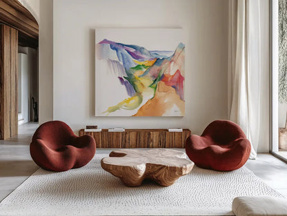 Secret Valley by Kristy Rice. Shown as extra-large giant wall art in a modern living room. Available as an archival giclee rolled canvas, fine art paper, or poster print. SKU 102005a.