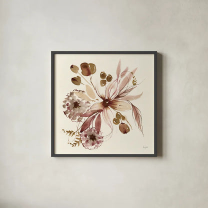 Sepia Floral by Kristy Rice. Shown in a sleek black glass frame for a contemporary gallery look. Available as an archival giclee rolled canvas, fine art paper, or poster print. SKU 91415a.