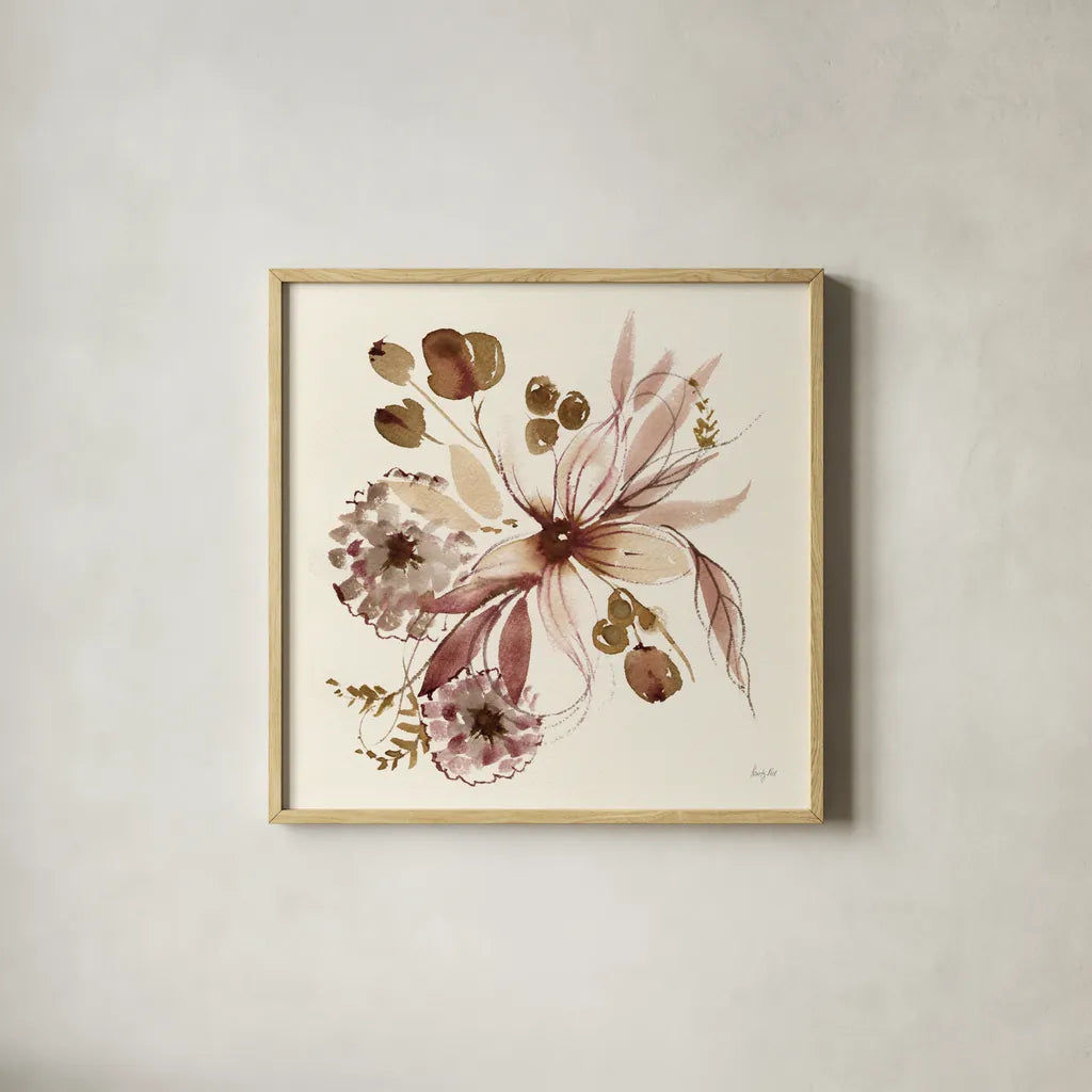 Sepia Floral by Kristy Rice. Shown in a natural wood glass frame for a timeless modern aesthetic. Available as an archival giclee rolled canvas, fine art paper, or poster print. SKU 91415a.
