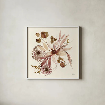 Sepia Floral by Kristy Rice. Shown in a crisp white glass frame for a clean and minimalist style. Available as an archival giclee rolled canvas, fine art paper, or poster print. SKU 91415a.