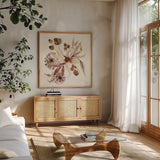 Sepia Floral by Kristy Rice. Shown in a natural wood frame in a cozy modern living room. Available as an archival giclee rolled canvas, fine art paper, or poster print. SKU 91415a.