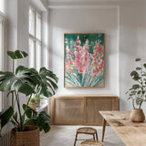 Splendor of Spring by Kristy Rice. shown as a print in a natural wood frame in a dining room. Available as a archival giclee rolled canvas, fine art paper, or poster print. SKU 95263h.