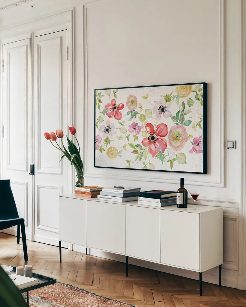 Spray of Anemones I by Kristy Rice. shown as a framed stretched canvas in a living room above a console. Available as a archival giclee rolled canvas, fine art paper, or poster print. SKU 54030i.
