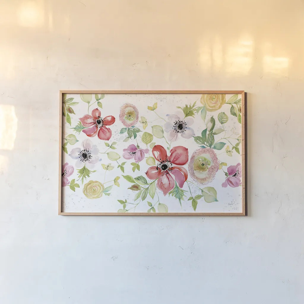 Spray of Anemones I by Kristy Rice. shown as a paper print in a natural frame. Available as a archival giclee rolled canvas, fine art paper, or poster print. SKU 54030i.
